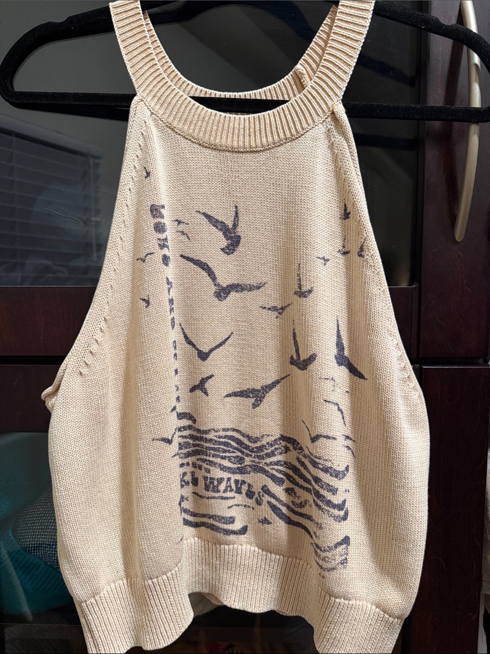 Pilcro Beige Off-the-Shoulder Knit Tank with Navy Bird Graphic